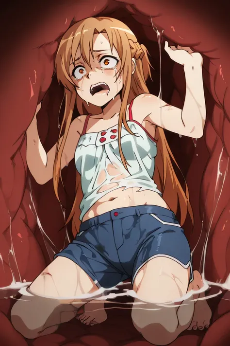 1girl, solo, (Asuna, everyday casual outfit),, obra maestra, mejor calidad, alta resolución, 8k,, inside a stomach, stomach interior, scared face, wide open mouth, (open mouth 2.5), screaming, uvula, crying, full body shot, wet, (wet skin:1.4) (dripping wa...