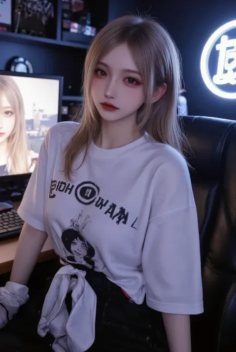 1 girl, Alone ,  bicolor hair ,  Blond hair, Aqua Hair,  slim body, pechos pequeños,   oversized long t-shirt, chica gamer, loser shirt  ,  detailed background ,  player room ,  night,  neon lights,  darkness, highly detailed