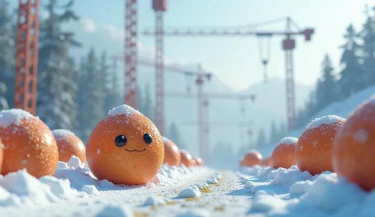 Miniature view of oversized fishballs on the snowy tower crane construction site workers' road