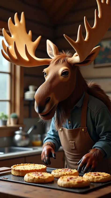 A CLOSE-UP HYPER-REALISTIC MOOSE CHEF IN A CABIN-STYLE AMERICAN KITCHEN WITH WARM, WOODEN WALLS, MAKING THE MOST DELICIOUS MAPLE BACON SCONES. ITS MASSIVE ANTLERS REFLECT LIGHT AS ITS HOOVES WORK DELICATELY ON THE BATTER –AR 9:16.