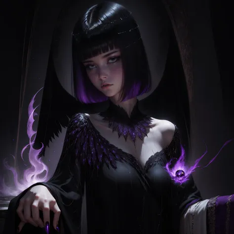 she has short hair, flowing raven-black hair (bangs) and pale, almost ethereal skin. Her eyes are a deep violet, giving her an otherworldly appearance. She dresses in flowing robes of dark purple and black, often adorned with symbols of the occultism, back...