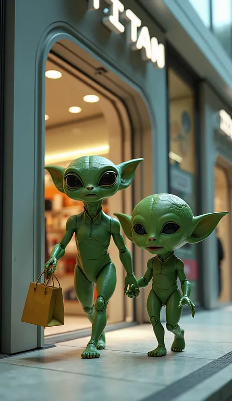 A small green alien and a  leaving a futuristic store with a shopping bag in their hand, The store has the name Titan universe .