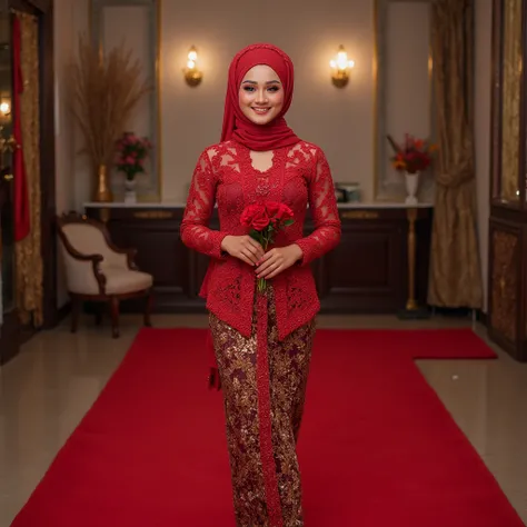 Photo realistic full body photo of a beautiful korean muslim girl in hijab with white skin smooth face manicured with open nose eyes open smiley face expression posing standing nails two long hands neatly visible details wearing red nail art with a bouquet...