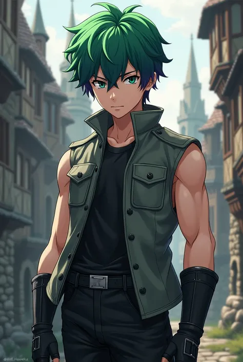  Anime boy, Medieval style,  Green hair with purple tips,  black eyes , sleeveless military gray jacket ,  muscular , black pants  ,  Black Shirt, armor