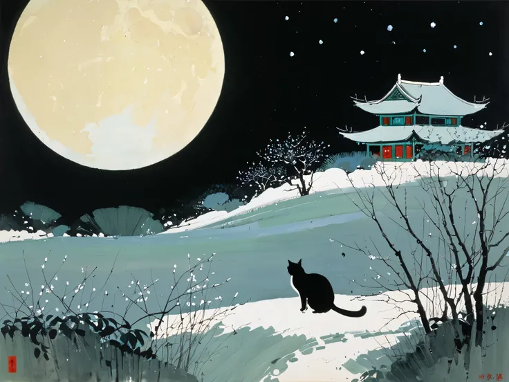 Cat animal painting , Wu Guanzhong , full moon