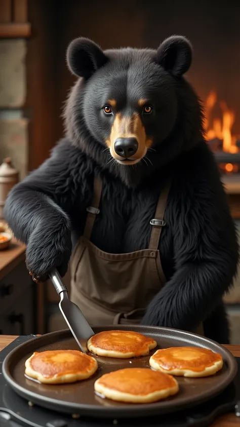 A CLOSE-UP HYPER-REALISTIC BLACK BEAR CHEF IN A FOREST-THEMED AMERICAN KITCHEN WITH AN OPEN FIREPLACE, MAKING THE MOST DELICIOUS FLAPJACKS. ITS PAWS WORK THE SPATULA AS IT FLIPS THE GOLDEN-BROWN PANCAKES WITH PRECISION –AR 9:16.