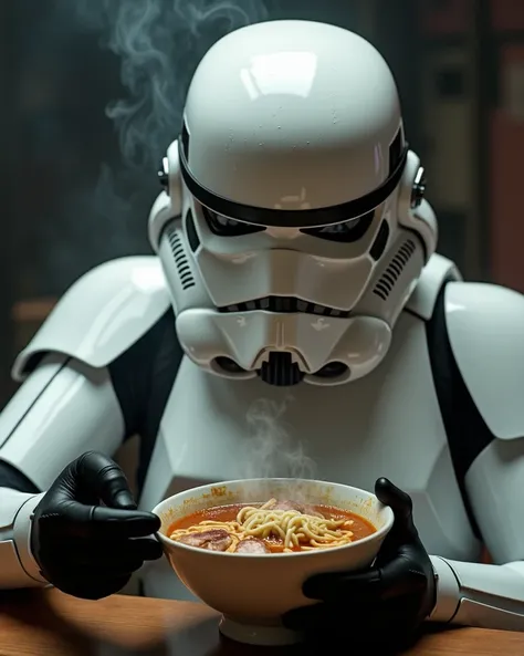 Stormtrooper taking off his helmet and eating ramen