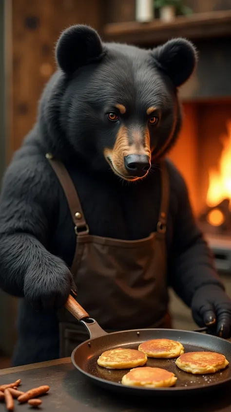 A CLOSE-UP HYPER-REALISTIC BLACK BEAR CHEF IN A FOREST-THEMED AMERICAN KITCHEN WITH AN OPEN FIREPLACE, MAKING THE MOST DELICIOUS FLAPJACKS. ITS PAWS WORK THE SPATULA AS IT FLIPS THE GOLDEN-BROWN PANCAKES WITH PRECISION –AR 9:16.