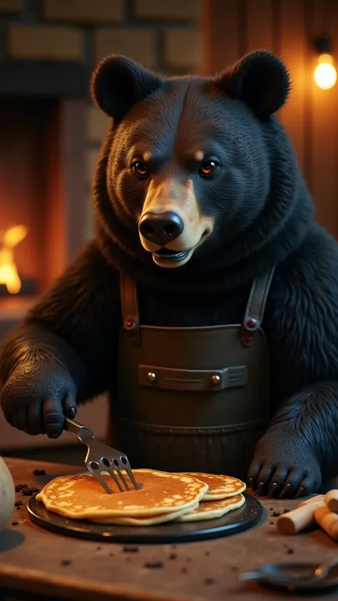 A CLOSE-UP HYPER-REALISTIC BLACK BEAR CHEF IN A FOREST-THEMED AMERICAN KITCHEN WITH AN OPEN FIREPLACE, MAKING THE MOST DELICIOUS FLAPJACKS. ITS PAWS WORK THE SPATULA AS IT FLIPS THE GOLDEN-BROWN PANCAKES WITH PRECISION –AR 9:16.