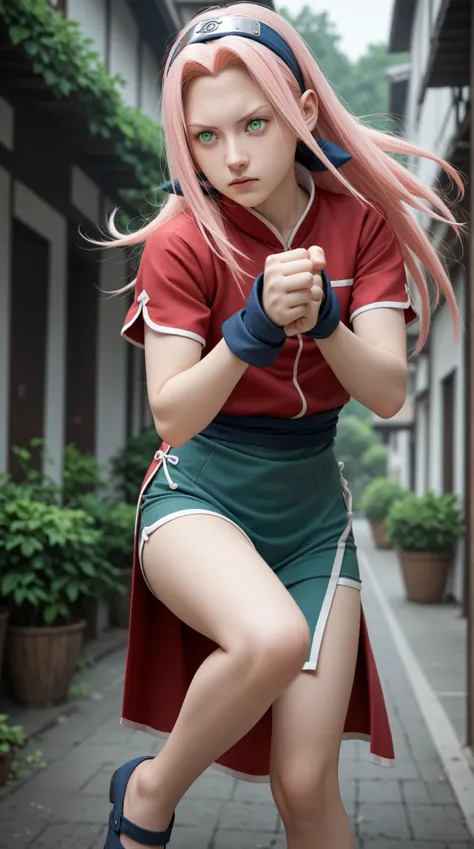 1girl, solo, haruno sakura, pink hair, green eyes, blue hairband, long hair, red qipao dress, short sleeve, dark green tight shorts, Konoha forehead protector worn as a hairband, dynamic action pose, outdoors