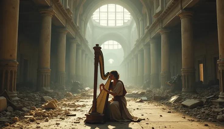 ( photorealism:1.2), One is playing the harp inside an abandoned train station hall, destroyed by war ; Roman soldiers, Napoleonic ,  Americans and Russians , Struggling in the mixed environment . Photo Real,  kinematic,   highly detailed , Dystopian, apoc...