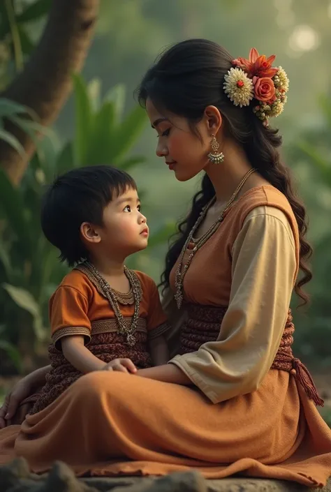 A mother is sitting on a corset with a  boy.Indonesian race