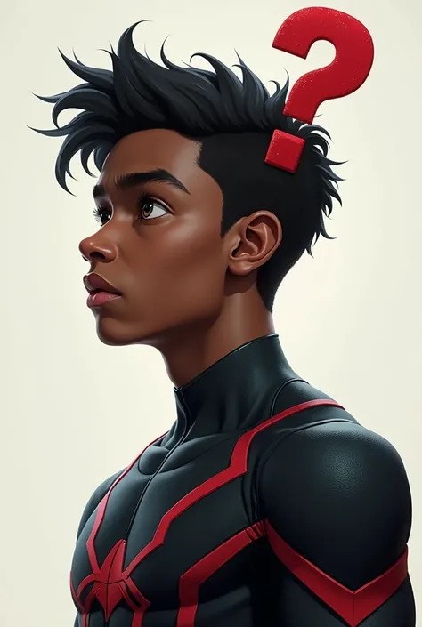 Miles Morales, a ager about 19 years old, wearing a black suit with a doubtful face with a question mark over his head 