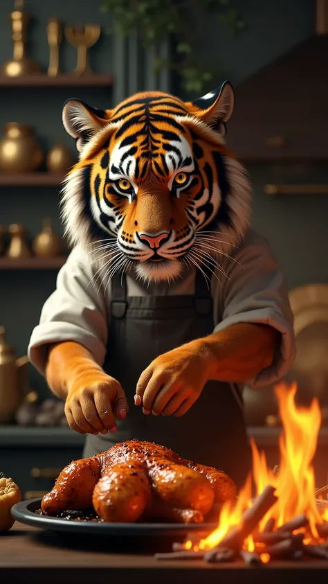 A CLOSE-UP HYPER-REALISTIC TIGER CHEF IN A LUXURIOUS, MARBLE-THEMED FANTASY KITCHEN WITH GOLDEN UTENSILS AND A WOOD-BURNING STOVE. THE TIGER IS GRILLING A WHOLE TANDOORI CHICKEN OVER AN OPEN FLAME, ITS ORANGE-AND-BLACK FUR SHIMMERING IN THE FIRELIGHT –AR 9...