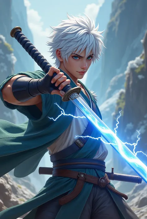 Create a young man with white hair who is a novice adventurer, And that it has a Japanese katana from the element of lightning