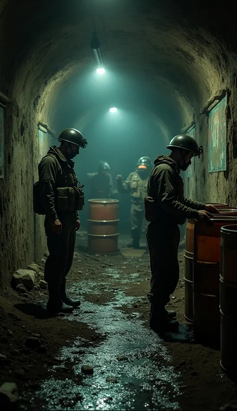  Shady underground warehouse ,  with civilians manipulating chemical substances that cause skin discomfort ,  respiratory and visual difficulties .  Civilians wear protective masks and appropriate clothing ,  while labeling large barrels with chemical agen...