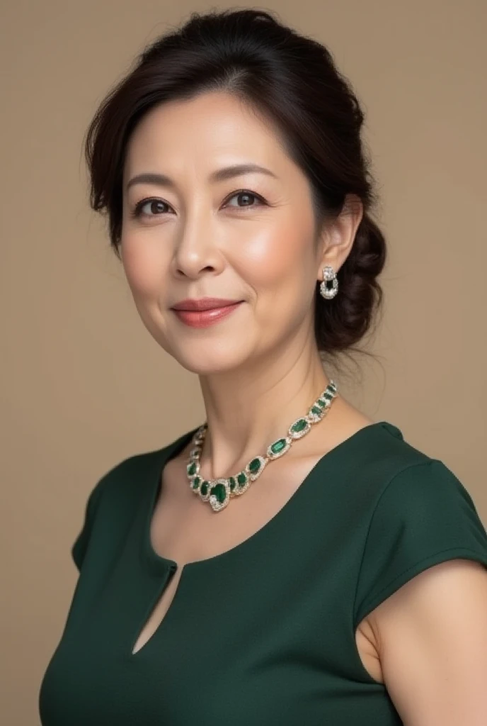 (Mature Woman, 48 years old,  Japanese,  Masterpiece,  top quality,  high resolution, Realistic:1.37,  sharp focus:1.4,  Unmatched Beauty , Ultimate beauty),  close-up, Fine laugh lines:1.2,  elegant natural makeup ,  Subdued Rose Pink Clip ,  Neatly Wrapp...