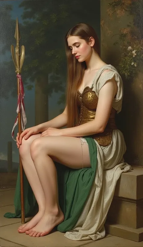 "A painting in the style of William-Adolphe Bouguereau, depicting a woman with extremely long light brown hair with a long side braid, she maintains a serene expression, wearing ornate leather and gold armor and underneath a short, tight-fitting cloth in a...