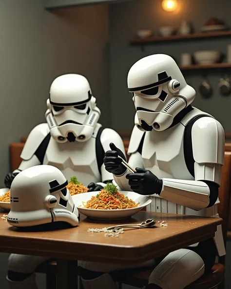 ((Take off your helmet))，Place the helmet on the table，Storm Troopers who have become real are eating stir-fried vegetable ramen