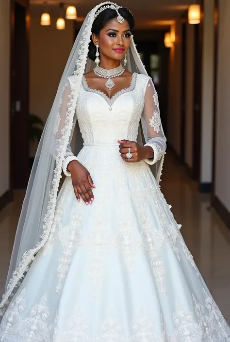 bridal Indian white leghenga for a beautiful black African bride with veil and jewelry . Image should be full , the bride should wear hijab let the leghenga be decent and the leghenga should be lace , the blouse should be long sleeve make her light skinned...