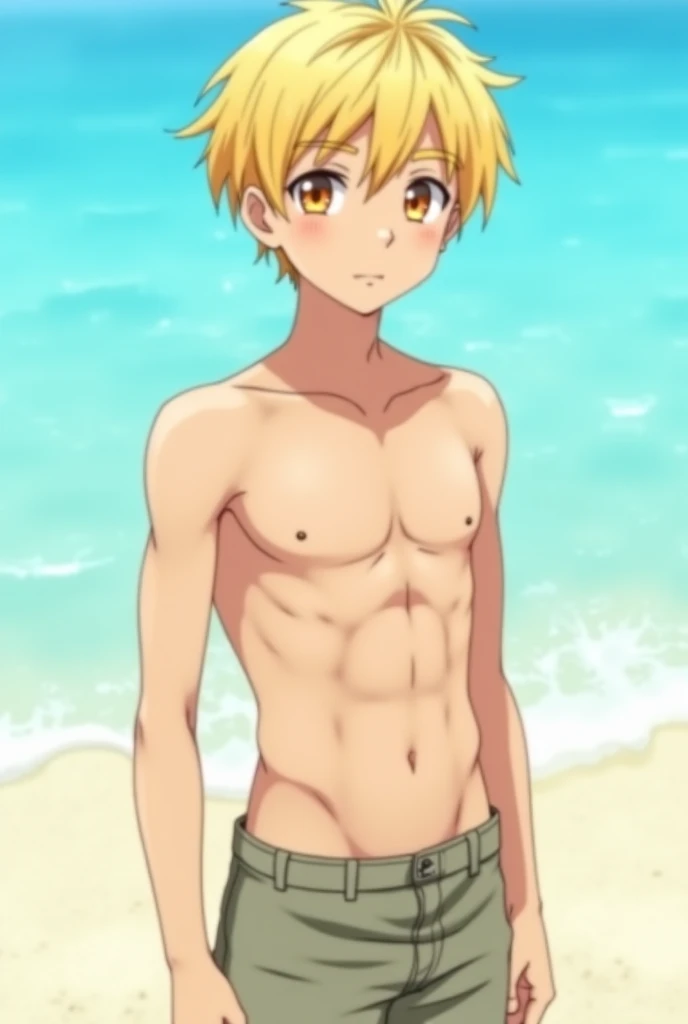 A young boy in his mid-twenties, he has 1,66cm tall ,  reddish yellow eyes and blond hair .  He has a more defined body than normal, He's wearing shorts and he's on the beach.  Use more realistic and darker colors than the standard.  Use an upbeat art styl...