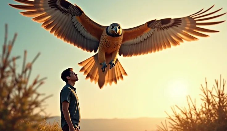 A 25-year-old man of medium height, with fairly normal features, looked up and saw a giant falcon bird extending its wings and shining over his head