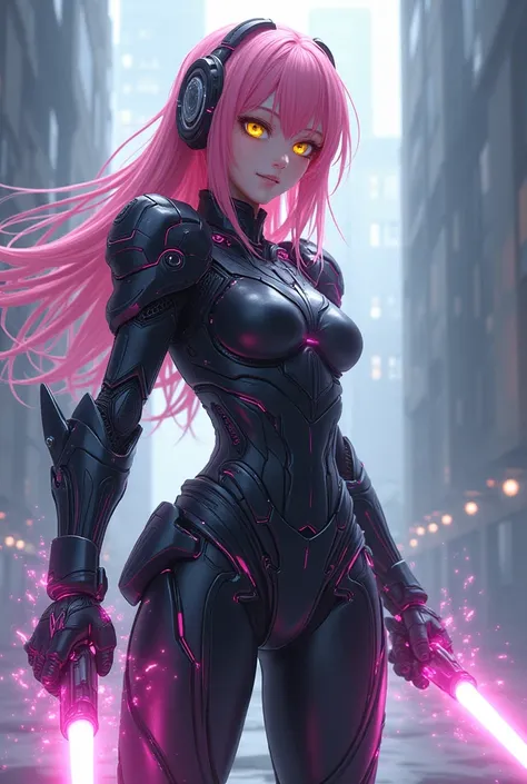 The clothes inside are dark，Clothes with metal technical parts,Tech Armor )     technology  Repulsors, light armor   vast,  gauntlet,  anime , energy  beam  gauntlet  , female ,   , pink hair  , yellow  eye , holding energy  sword 