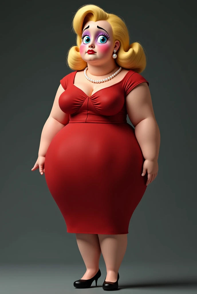 A chubby, tired, Sad, Depressed, and crying 1950s film actress with pale skin, blonde hair, blue eyes, black mascara, red lipstick, and purple eyeshadow, wears a tight fitting red dress, black high heels, a pearl necklace and pearl earrings.