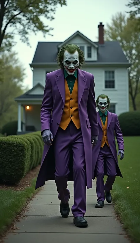 Papa Joker with his boy Joker entering a house in a neighborhood,  ultra real and professional images