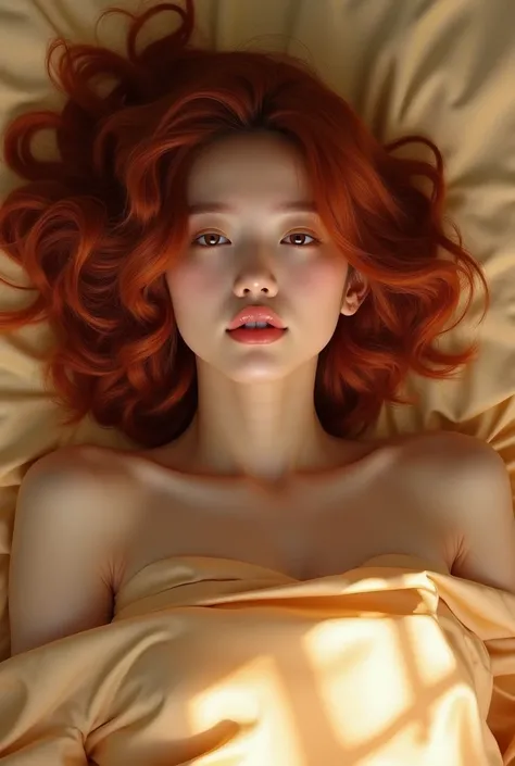 highly realistic oil print , beautiful Japanese-Korean girl ong, curly red hair, lying on bed, light gold satin sheets.  fair skin, serene expression, bare shoulders, partially covered by sheets. scene is illuminated by natural light, with soft shadows, ex...