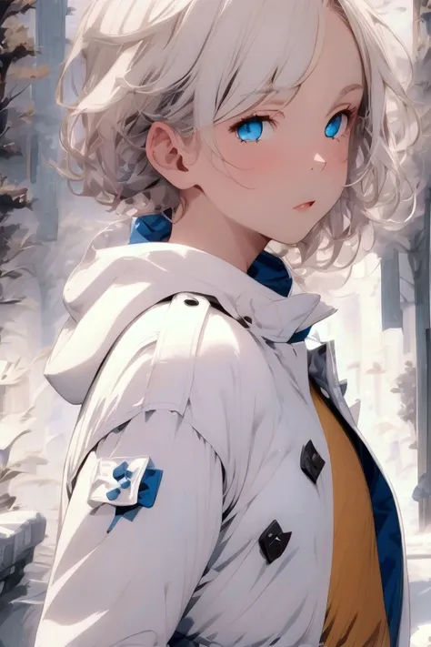  A white-haired  with sad blue eyes, wearing a white raincoat 