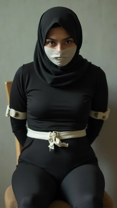 A Malay single mother in a hijab, clad in a black bodysuit, sits restrained and gagged, bound to a chair. Her hands are secured behind her with cloth, her legs fastened to the chair, her mouth and eyes covered with cloth, capturing an image of captivity th...