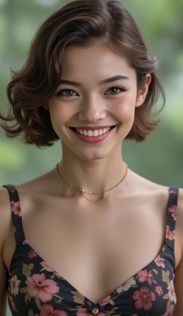 (close-up editorial photo oF 18 yo woman,  alone,  short hair, thin Brazilian girlFriend), ( small breasts), detailed Full body, (chapped lips), a beautiFul and pleasant smile, realistic green eyes, throw, realistic[:, (Film grain, 25mm, F/1.2, doF,  Bokeh...