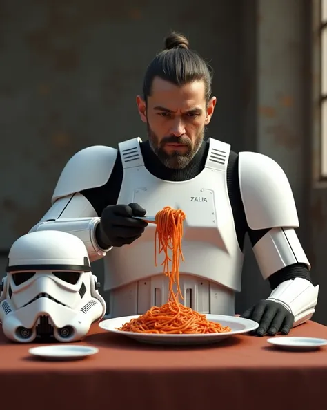 ((Take off your helmet))，Place the helmet on the table， wearing only the white armor of a stormtrooper，The face is a Spanish man in his 30s ， eating tomato spaghetti 