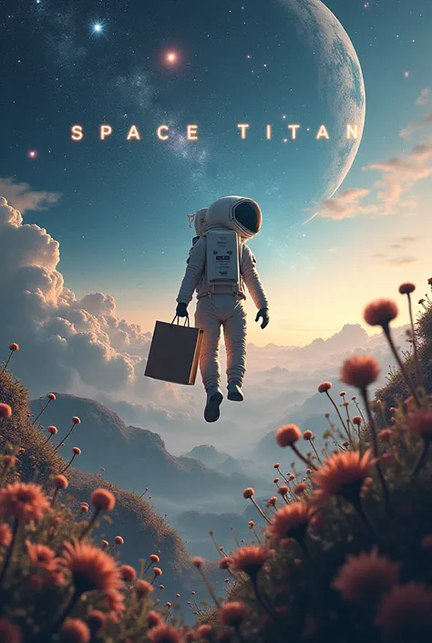  Make an image of the universe with stars and plants and in space an astronaut with a shopping bag in his hand amidst words "Space Titan Universe "