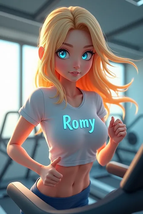 I want a 3d anime logo of a blonde with long hair and sexy light blue eyes with a lead diver fitted in the gym on a treadmill that says the name ROMY in Spanish on the t-shirt  