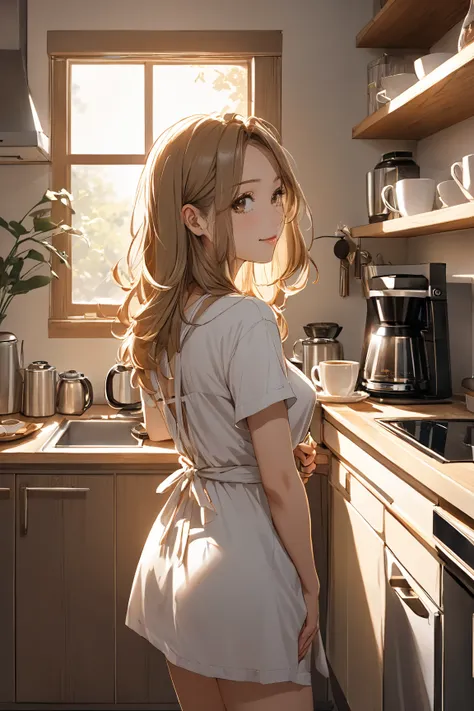 "A warm and intimate anime-style illustration of a beautiful woman with long, straight hair standing in a cozy home kitchen in the morning. She is wearing a simple  apron over bra and panties as she prepares coffee. The illustration is drawn from the persp...