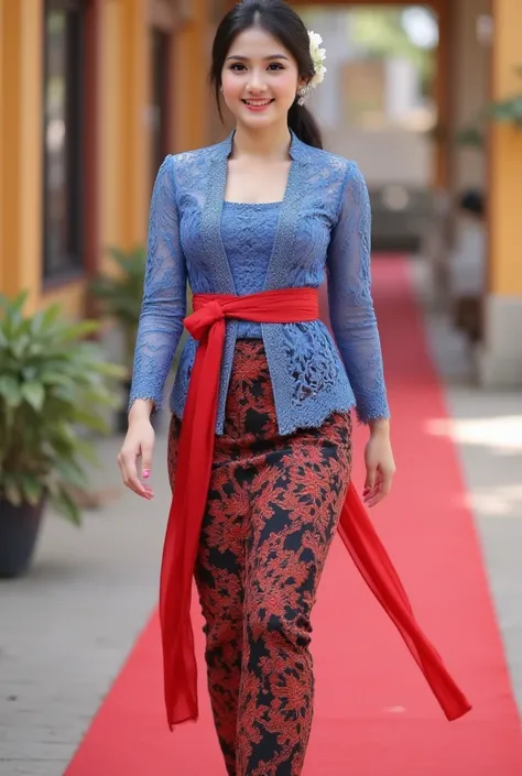 Asian young woman wearing traditional Lanna hijab blue  Thai attire,rather chubby , thin smile,  wearing a beautiful embroidered blue silk blouse and a long traditional skirt with intricate pattern , accessorized with silver jewelry and a floral hairpiece....