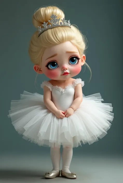 A chubby, tired, Sad, Depressed, and crying ballerina with pale skin, blonde hair in a bun, blue eyes, black mascara, red lipstick, and purple eyeshadow, wears a white swan tutu, white tights, silver ballet slippers, and a small silver tiara