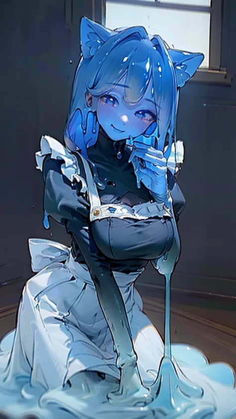  (( Masterpiece, top quality,Ultra delicate, perfect face,16k, very detailed eyes , high resolution, a very pretty girl )),Blue Slime Girl, High Viscosity Blue Slime Body , black and white maid clothes:1.5,Cat ears, big breasts, long hair,smile,Blue slime ...