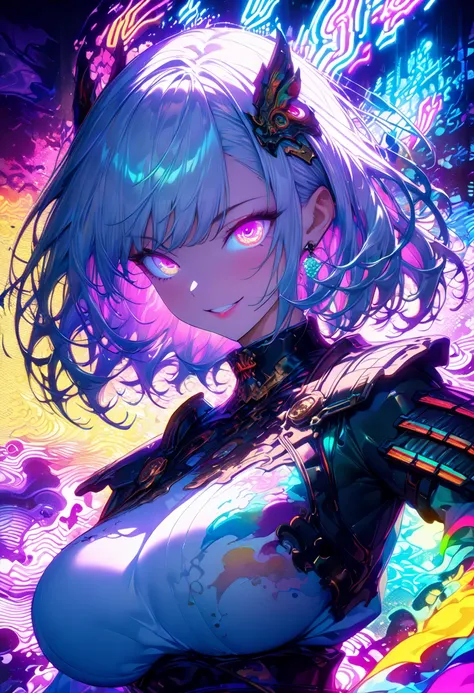 ((shiny, glowing, (((Japanese Armor Glowing with Neon:1.2))), female, smiling, big boobs, close up, neon light art, official art, beautiful and beautiful:1.2), highly detailed content, (fractal art:1.2), colorful, most detailed, (zentangle neon lights:1.2)...