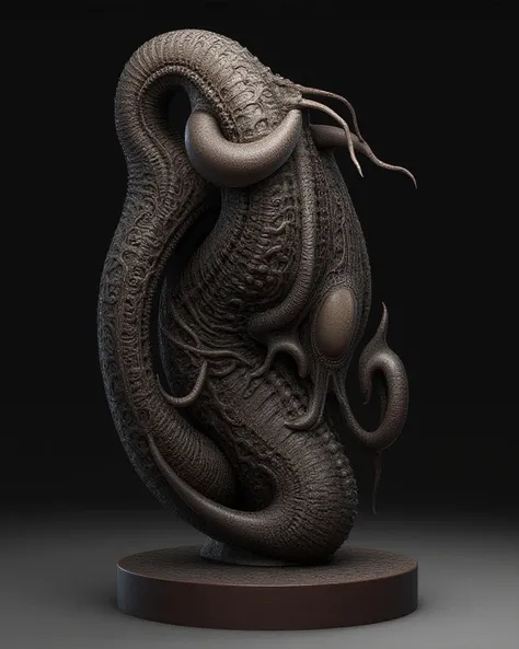 Please generate an image that imaged a sculpture with the Lovecraft story as a motif、Please apply a pattern inspired by Jomon pottery to the surface of the body。