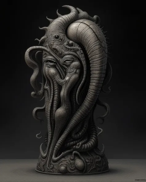 Please generate an image that imaged a sculpture with the Lovecraft story as a motif、Please apply a pattern inspired by Jomon pottery to the surface of the body。