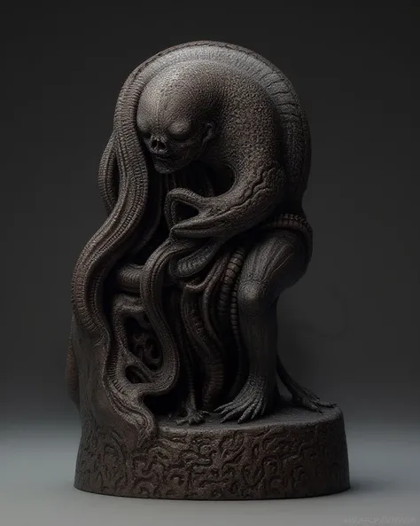 Please generate an image that imaged a sculpture with the Lovecraft story as a motif、Please apply a pattern inspired by Jomon pottery to the surface of the body。