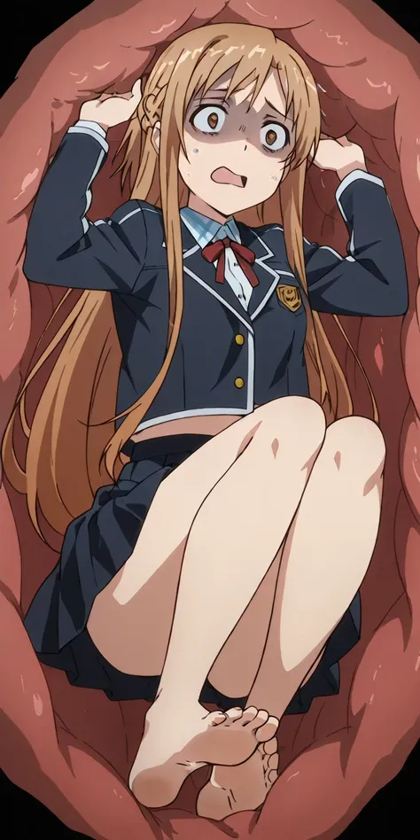 anime screencap, asuna, winter school uniform barefoot, fullbody, sole feet, scared face, open mouth,
inside a stomach, stomach interior