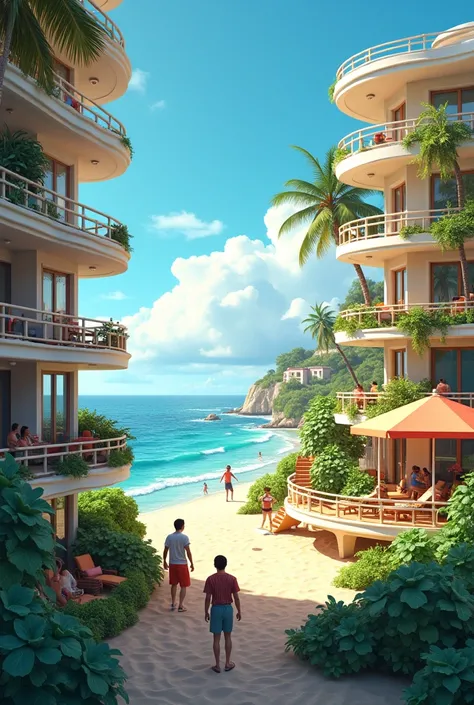 Create an apartment on the beach with dollar bushes next to the soccer field