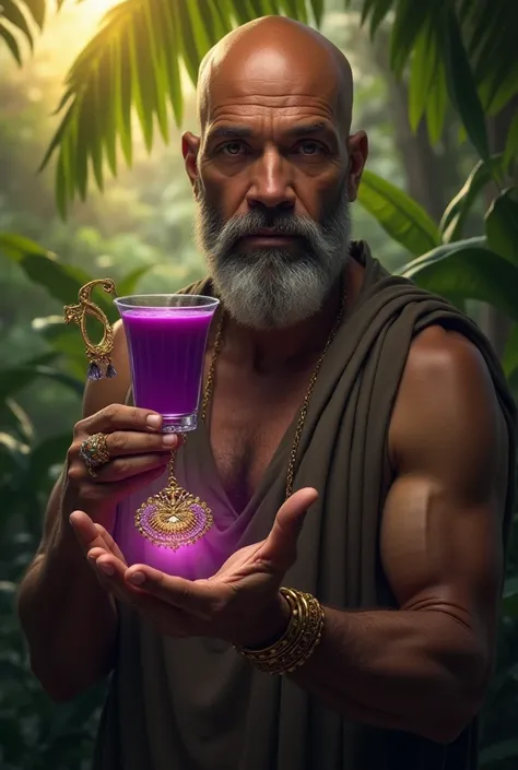 Bald man holding glass of açaí and giving jewelry