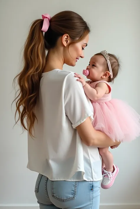 Woman with her back with her face turned to the side with long wavy light brown hair tied up like a ponytail with a pink ribbon wearing a white Florida blouse and jeans with light wash at the bottom and white sneakers holding a baby with features similar t...