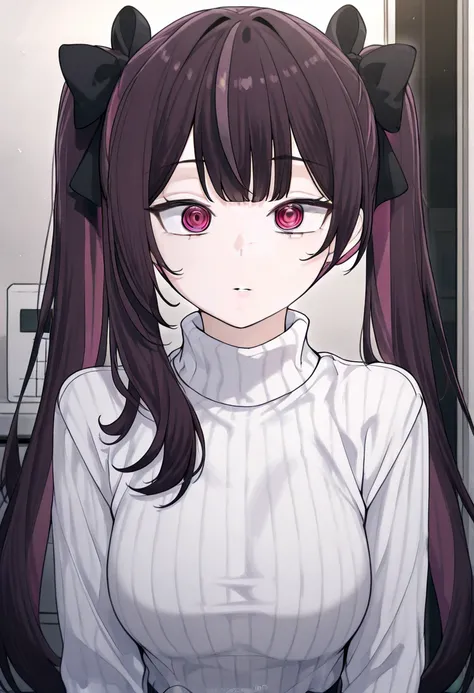 masterpiece, best quality, absurdres, highres, newest, 1girl, solo,ringed eyes, white pupils, twintails, very long hair, turtleneck sweater, ribbed sweater, white sweater, indoors, parted lips, dark purple hair, long hair, purple streaked hair, pink colore...