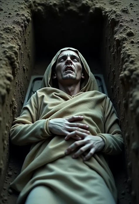 Realistic picture of a man inside the grave sleeping wrapped in a shroud, scared and wants to get up but can't, because he is dead